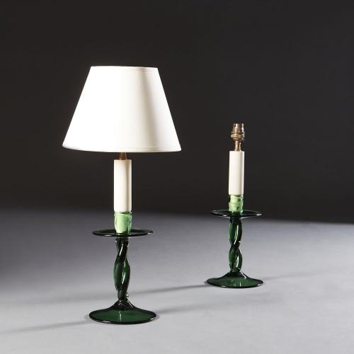 Twisted Green Glass Candlestick Lamps