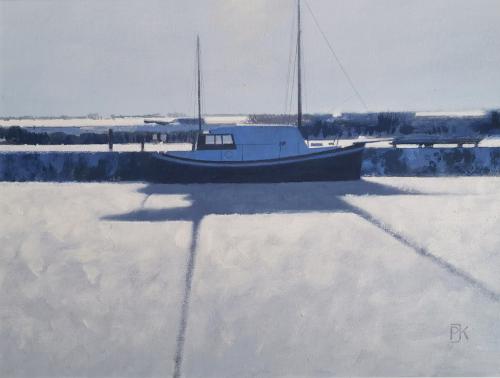 Sunlight & Shadows on Snow, Heybridge Basin  by Peter Kelly NEAC RBA  (1931 – 2019)
