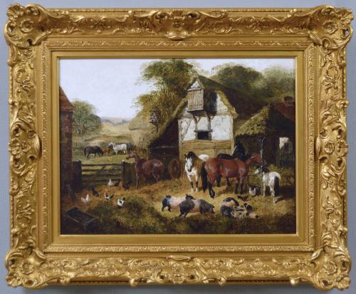 Landscape animal oil painting of a farmyard with horses, pigs & chickens by John Frederick Herring Jnr