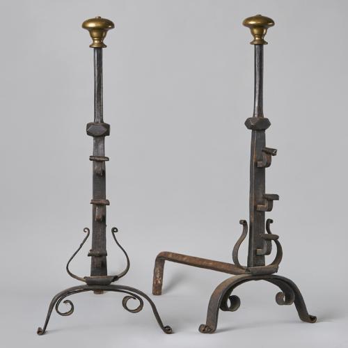 19th century Continental wrought iron and brass andirons