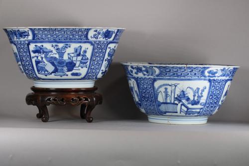 Pair of chinese blue and white punch bowls