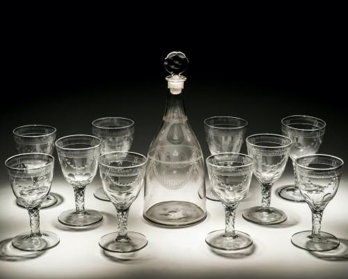 Engraved Continental Magnum Decanter with Ten Matching Glasses