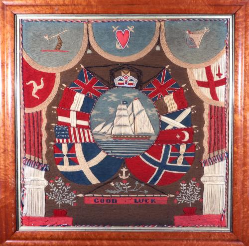 Sailor's Woolwork of Flag of Nations Large Sailor's Woolwork with Motto "GOOD LUCK" on Banner Below