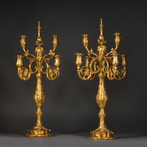 A Pair of Louis XV Style Gilt-Bronze Six-Light Candelabra