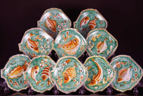 Mid Century Modern Italian Pottery Fish Plates,  Set of Eleven,  Vietri Dated 1958