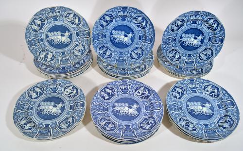 Spode Pottery Neo-classical Greek Pattern Blue Set of Dinner Plates,  Thirty-Three (33) plates  Zeus in His Chariot,  Early-19th Century 