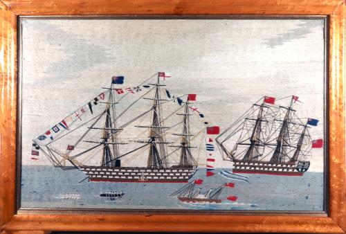 British Sailor's Woolwork Woolie of Two Battleships, one Fully Dressed,  Circa 1870
