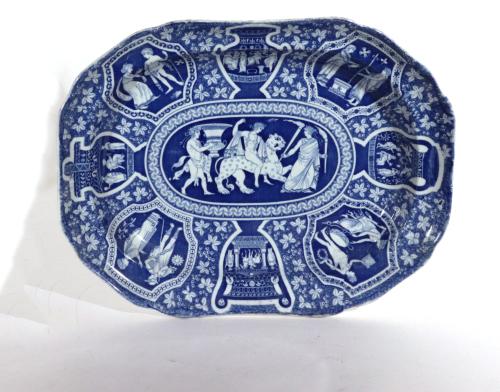 Spode Pottery Neo-classical Greek Pattern Blue Deep Dish,  Bacchus Mounted on a Panther,  Early-19th Century  