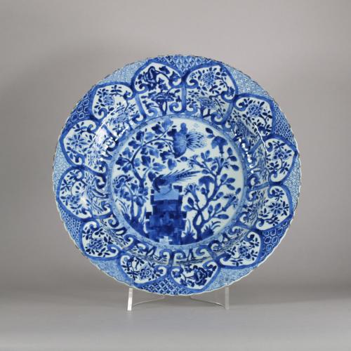 front of blue and white plate