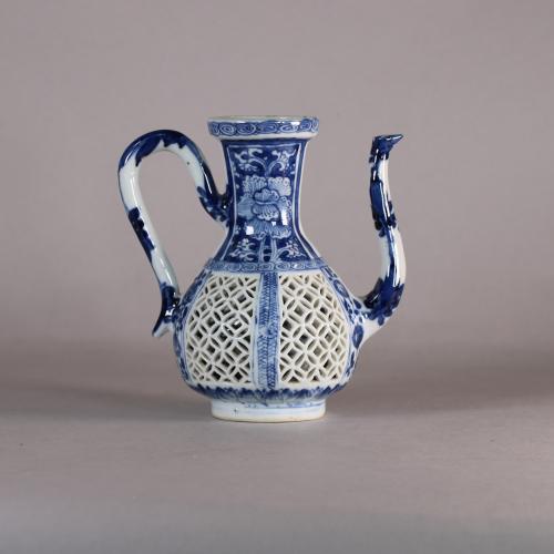 front image of kangxi blue and white reticulated ewer