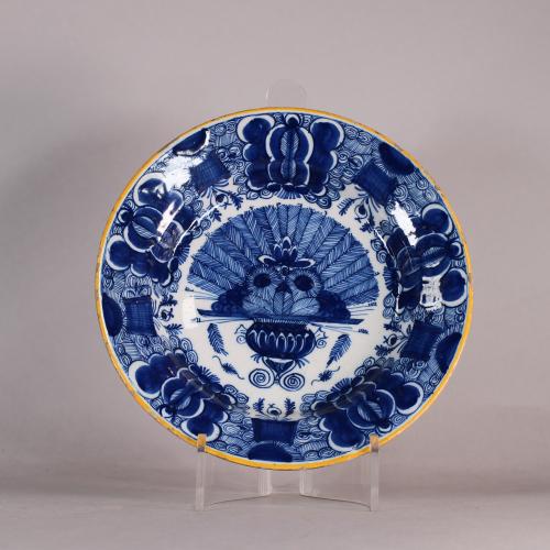 Dutch delft peacock charger, front