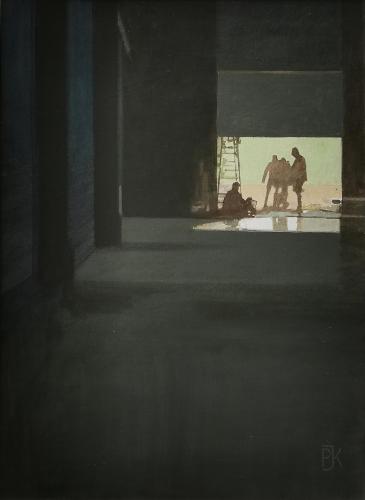 Workers at the Mine Entrance by Peter Kelly NEAC RBA  (1931 – 2019)