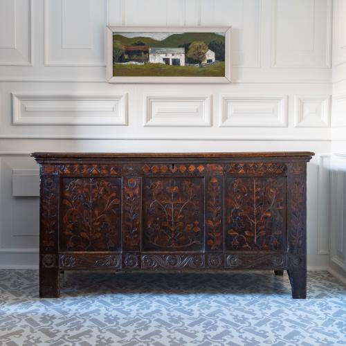 A James I joined oak and marquetry inlaid coffer, circa 1625