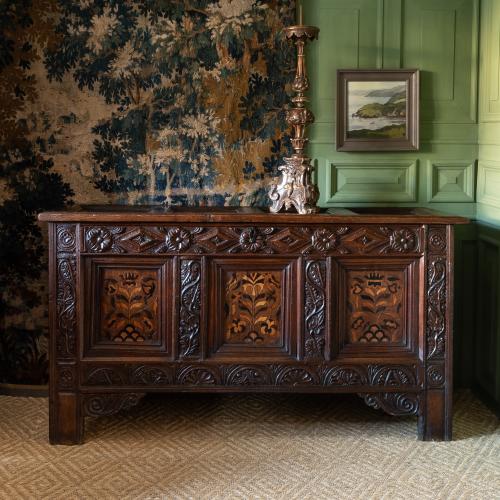 A good Charles I oak and marquetry inlaid coffer, Leeds area, Yorkshire, circa 1640