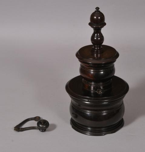 S/4876 Antique Treen 18th Century Four Section Lignum Vitae Coffee Grinder