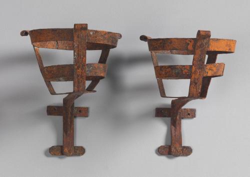 PAIR OF WALL MOUNTED PLANT POT HOLDERS Weathered Painted Wrought Iron French c. 1840