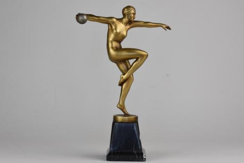 Maurice Guiraud Riviere Dancer with Ball - Art Deco gilt bronze figure