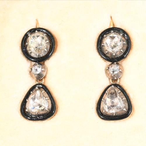 Gold silver antique enamel rose diamond earrings circa 1830