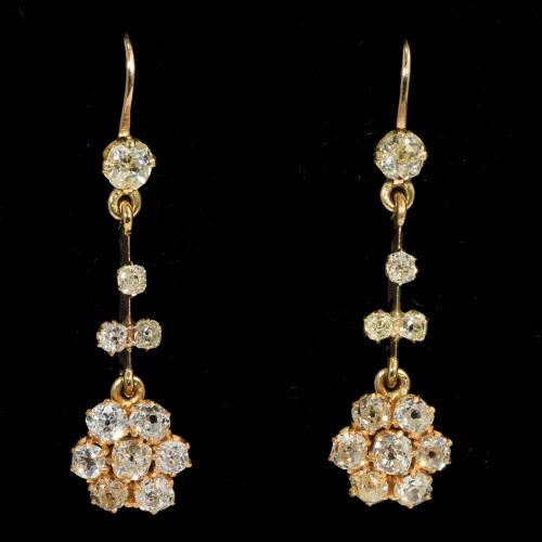 Gold Victorian long drop diamond cluster earrings circa 1890
