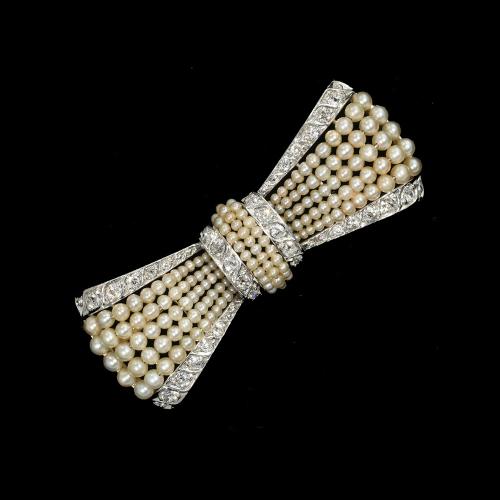 Edwardian diamond pearl bow brooch