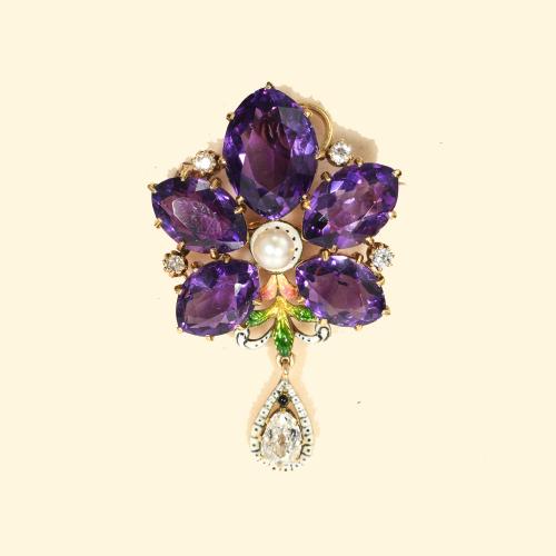 Suffragette Amethyst diamond pearl enamel brooch