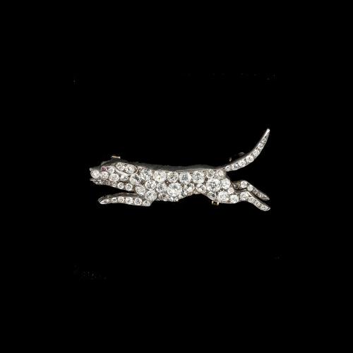 Victorian gold silver diamond hound dog brooch circa 1880