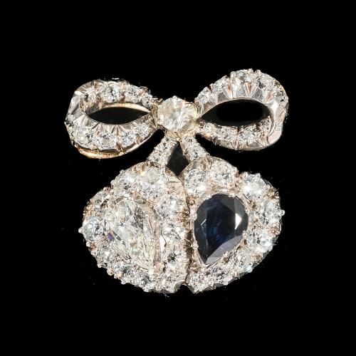 Sapphire diamond gold /silver double heart bow brooch circa 1900