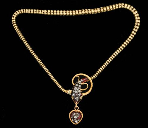 Victorian gold garnet diamond snake necklace