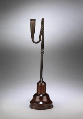 Fine Georgian Vernacular Lighting Device  With Candle Socket and Rush Nip on  Finely Turned and Raised on a High Stepped Base Solid Richly Patinated Yew Wood and Metal English c.1780