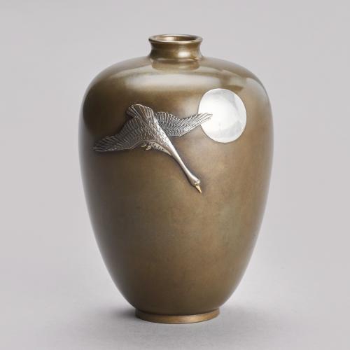 Japanese bronze vase with goose and moon