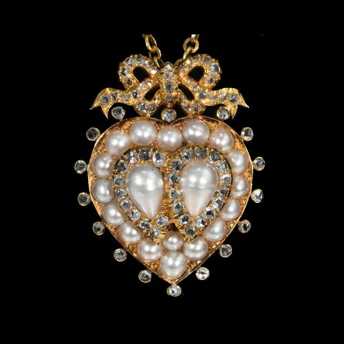 Victorian natural pearls gold diamond double heart pendant