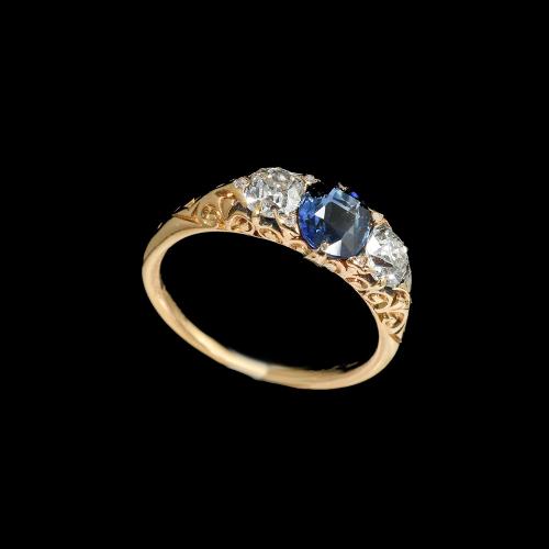 Carved Victorian sapphire diamond three stone ring