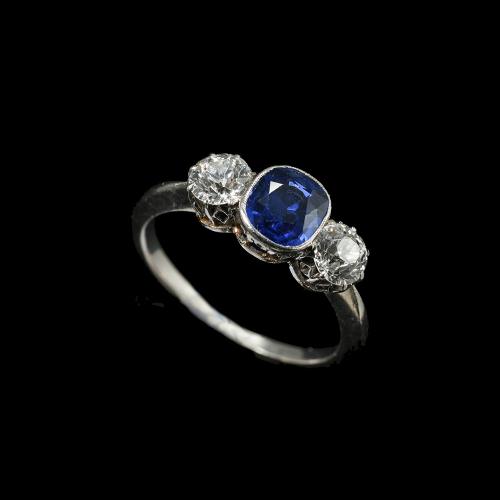 Certified Ceylon sapphire diamond three stone ring