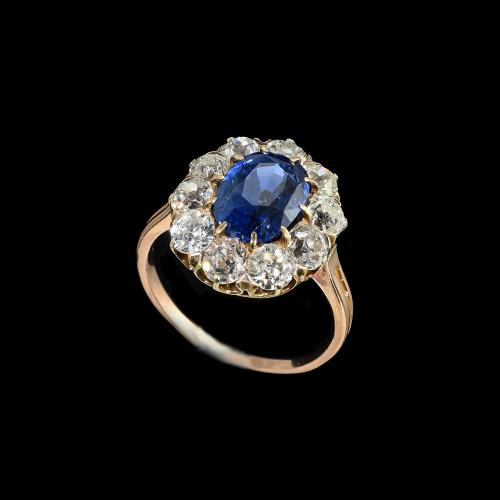 Sapphire diamond cluster Ceylon 4.07ct certified, circa 1900