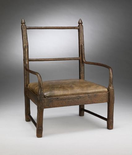 Remarkable Early Iron Frame Vernacular Child's Chair  With Acorn Finials, Bar Back and Curved Arms Well Patinated Hand Wrought Iron English, c.1770