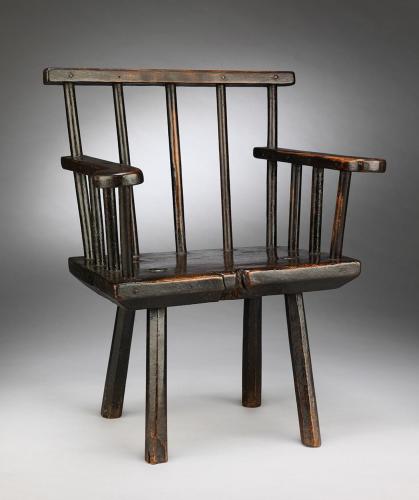 Unusual Primitive Georgian Child's Stick Chair With Comb Back, Generous Arms and Thick Chamfered Seat Richly Patinated Elm and Ash English, c.1800