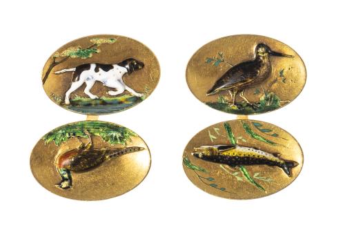 Victorian Game Bird Cufflinks with Hunting Dog & Trout