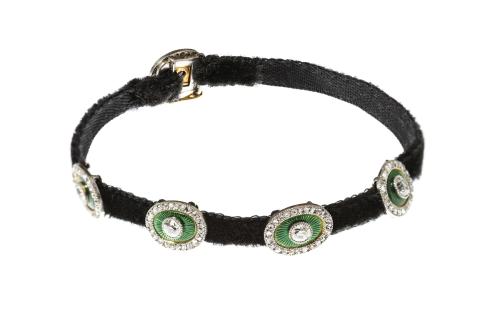 Velvet Bracelet with Motifs of Green Enamel and Diamonds