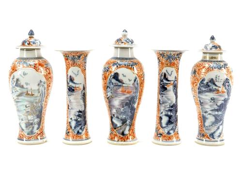 Chinese Export Porcelain Garniture of Five Vases & Covers with Rust Orange Ground