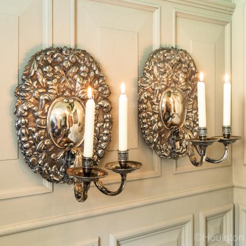 A good pair of silver-metal cast candle wall sconces, in the Charles II circa 1670 manner, circa 1890