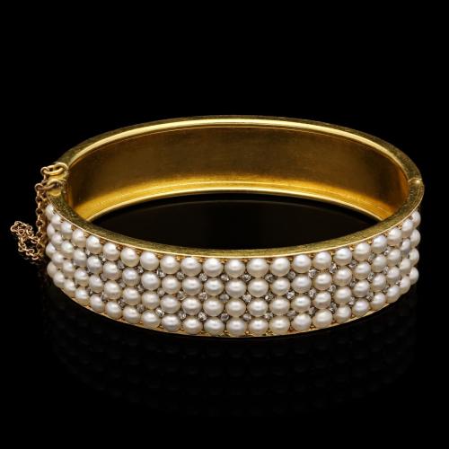 Antique Victorian Gold Pearl And Diamond Hinged Bangle