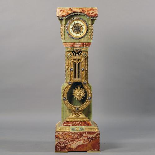 A Fine Onyx, Marble and Champlevé Enamel Pedestal Clock
