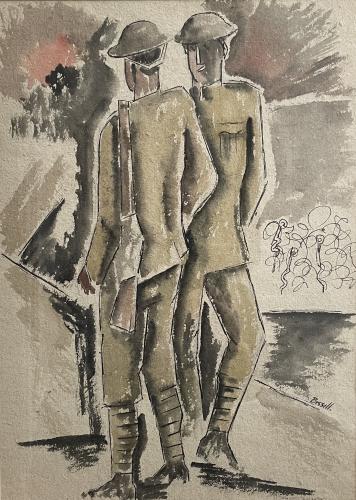 Two Soldiers - World War I British military watercolour drawing by George Bissill