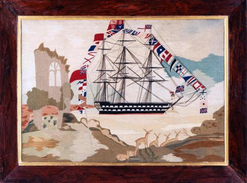British Sailor's Woolwork-Large with Landscape Scene of Ruins and Deer,  Circa 1865