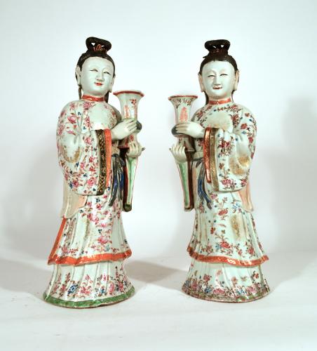 Chinese Export Porcelain Pair of Court Maiden Candlesticks