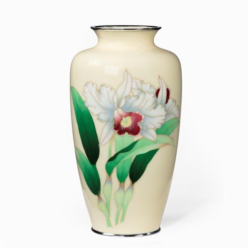 Showa period tall cream ground cloisonne vase