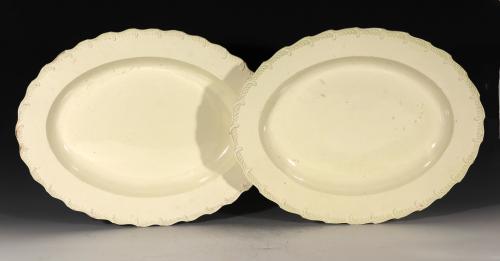  Antique 18th-century Creamware Large Feather-edged Oval Dishes, A Pair