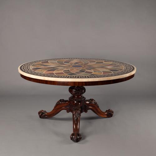 An Impressive Goncalo Alves and Mahogany Centre Table with a Specimen Marble Top.  English, 20th Century. 