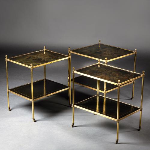 A Suite of Three Brass and Chinoiserie Style Lacquer Occasional Tables.  English, Mid Twentieth Century. 