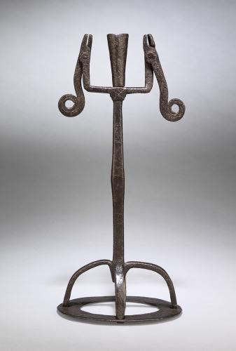 Rare Early Crown Based Lighting Device With Two Rushnips and Central Candle Sconce Well Patinated hand Wrought Iron Irish, c.1780
